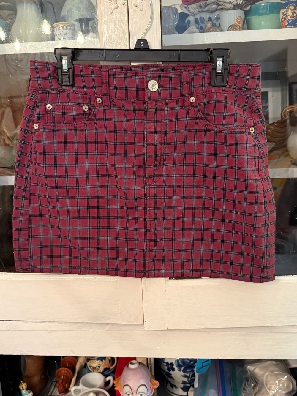 American Eagle Outfitters Burgundy Plaid Mini Skirt with Black Check